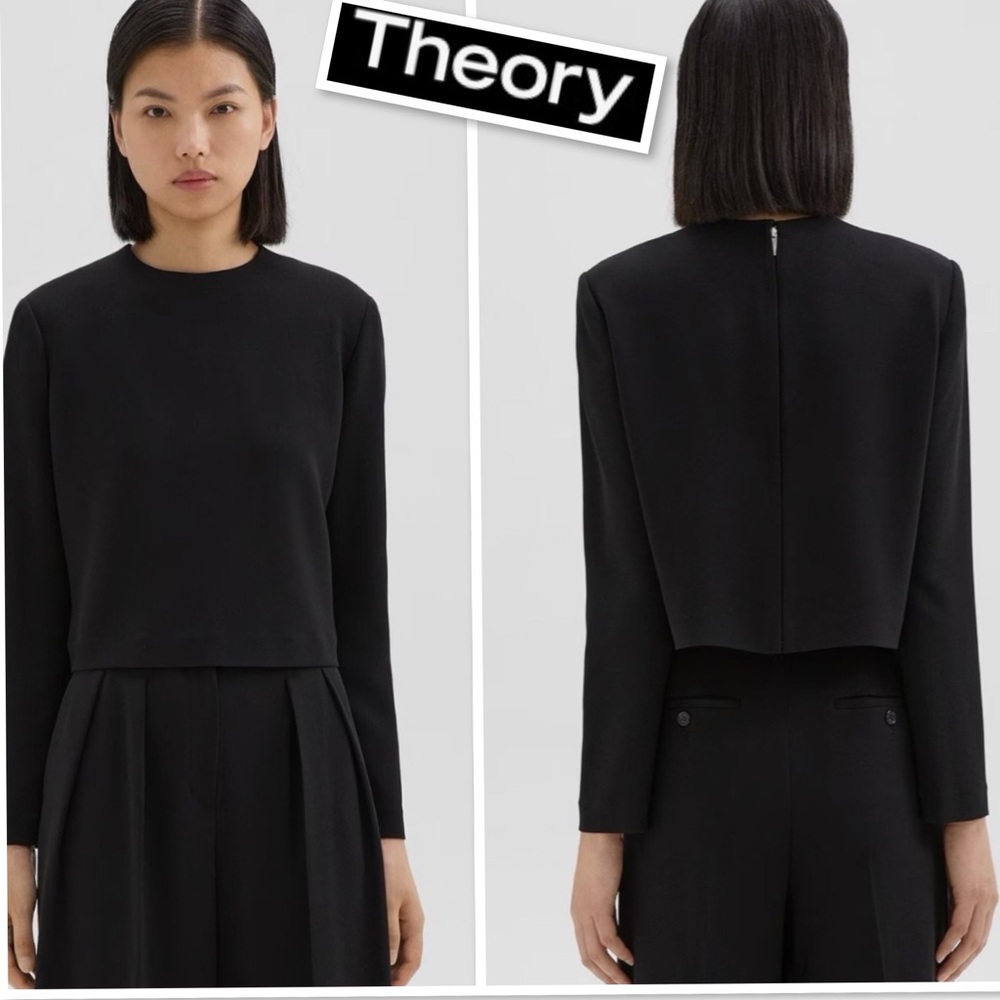 THEORY Long Sleeve Crop Top in Admiral Crepe Japanese Origin In Black Size 0